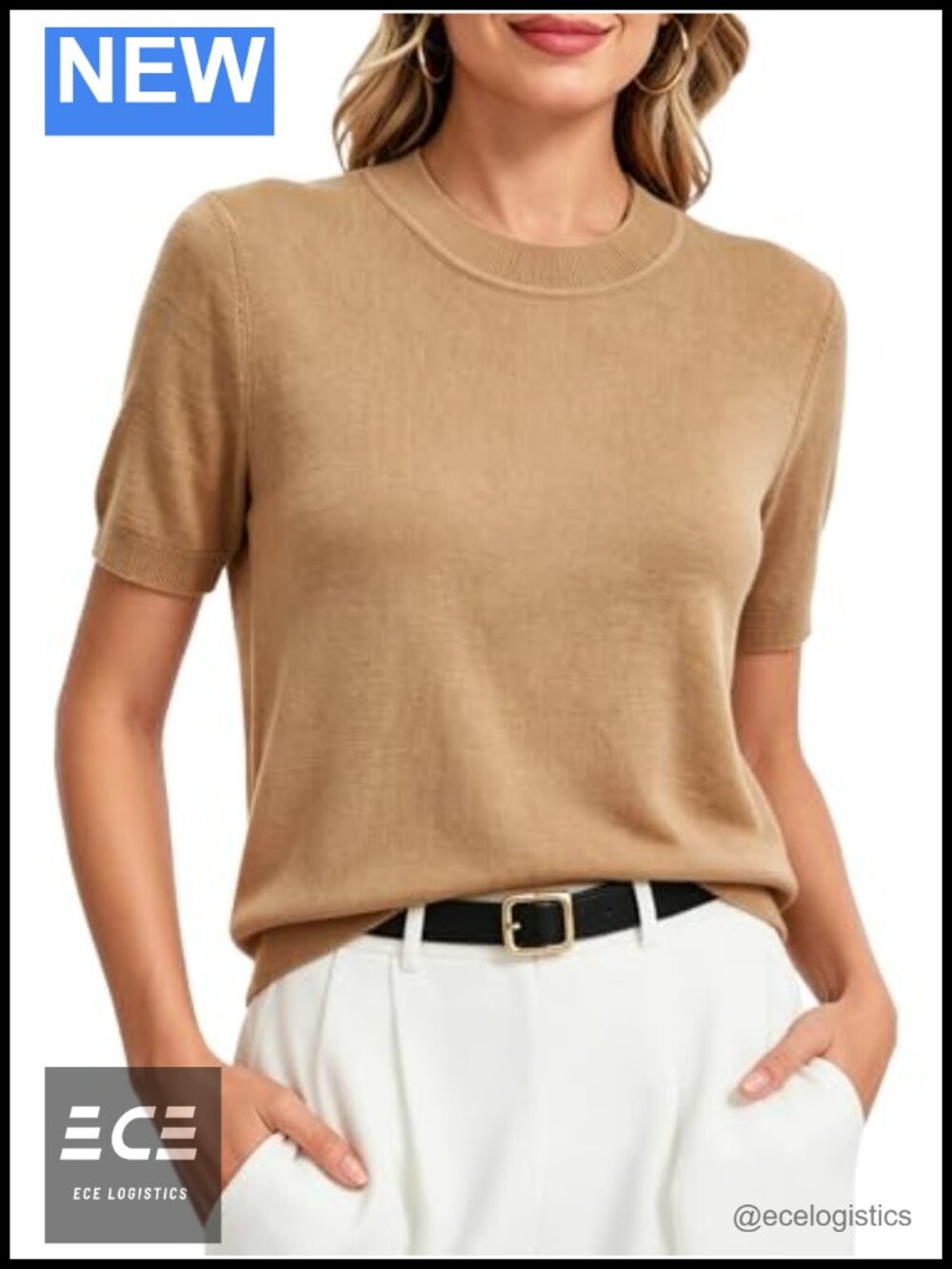 Merino Wool Blend Short Sleeve Crew Neck Pullover Sweater